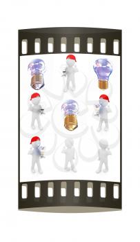 Set of 3d man with energy saving light bulb isolated on white. The film strip