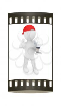 3d man with light bulb on white. The film strip