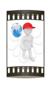 3d man keeps balloon of earth. Global holiday on a white background. The film strip