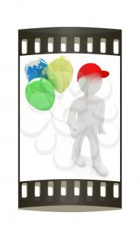 3d man keeps balloons of earth and colorful balloons . Global holiday on a white background. The film strip