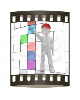 3d man making choice, on white background. The film strip 