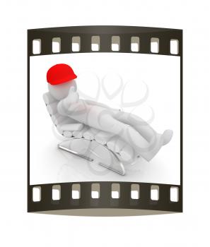 3d white man lying chair with thumb up on white background. The film strip