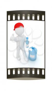 3d man with a water bottle with clean blue water on a white background. The film strip