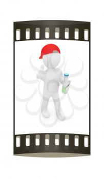 3d man with plastic milk products bottles set on a white background. The film strip