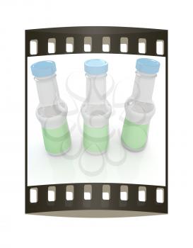 Plastic milk products bottles set on a white background. The film strip