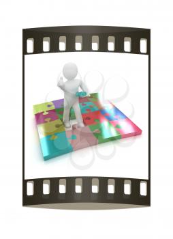 3d people - missing piece - jigsaw. 3d render. The concept of niche on a white background. The film strip
