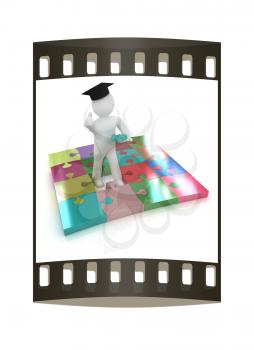 3d man in a graduation Cap with thumb up with individual puzzles on a white background. The film strip