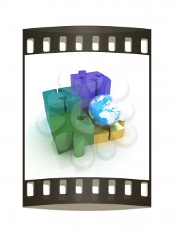Puzzles and earth.Isolated on white background.3d rendered. The film strip