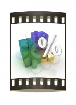 Puzzles and symbol of percents.Isolated on white background.3d rendered. The film strip