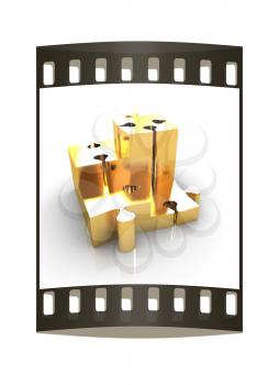 Concept of growth of gold puzzles on a white background. The film strip