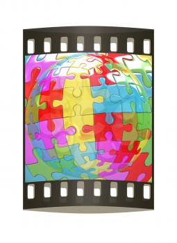 Transparent button on the mosaic abstract background. The film strip