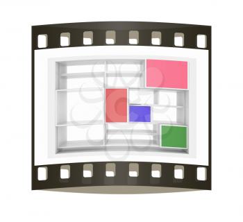 3d isolated Empty colorful bookshelf on a white background. The film strip
