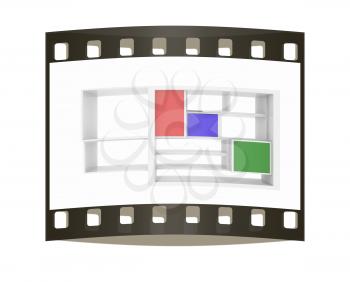 3d isolated Empty colorful bookshelf on a white background. The film strip