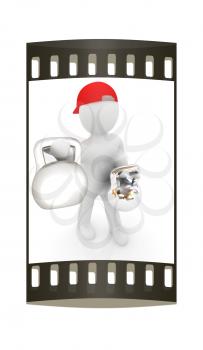 3d man with kettlebell. Bodybuilding. Lifting kettlebell on a white background. The film strip