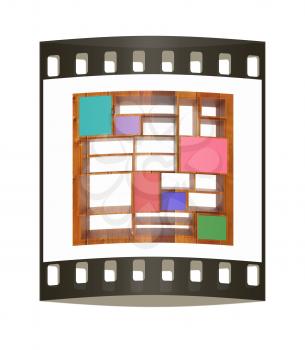 3d isolated Empty wood colorful bookshelf on a white background. The film strip