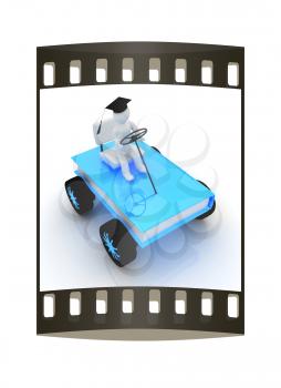 on race cars in the world of knowledge. The concept of rapid learning on a white background. The film strip
