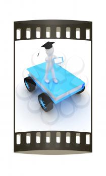 on race cars in the world of knowledge. The concept of rapid learning with tablet pc on a white background. The film strip