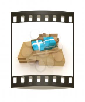 Cardboard boxes, gifts and earth on a white background. The film strip