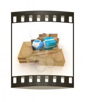 Cardboard boxes, gifts and earth on a white background. The film strip
