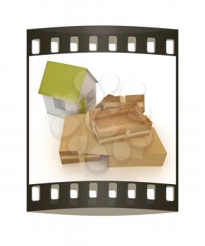 Cardboard boxes and house on a white background. The film strip