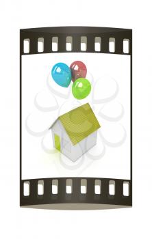 House with colorful balloons on a white background. The film strip