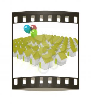 House with colorful balloons on a white background. The film strip