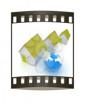 Houses and Earth on a white background. The film strip