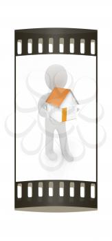 3d man with house on a white background. The film strip