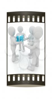 3d mans gives gifts on a white background. The film strip
