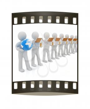 3d mans, houses and earth on a white background. The film strip