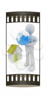 3d man, houses and earth on a white background. The film strip