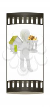 3d man with houses and rotunda on a white background. The film strip
