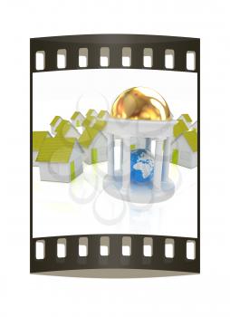 Earth in rotunda and houses on a white background. The film strip