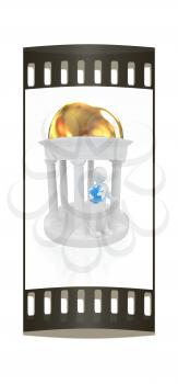 3d man in rotunda with earth on a white background. The film strip