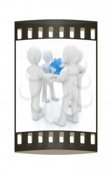 3d mans holding the Globe on a white background. The film strip