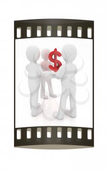 3d mans keeps dollar sign on a white background. The film strip