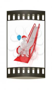 Escalator and 3d man with balloon on a white background. The film strip