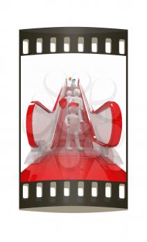 Escalator and 3d mans with colorfull balloons on a white background. The film strip