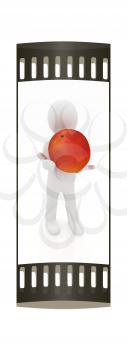 3d man with fresh peaches on a white background. The film strip