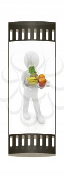 3d man with citrus on a plate on a white background. The film strip