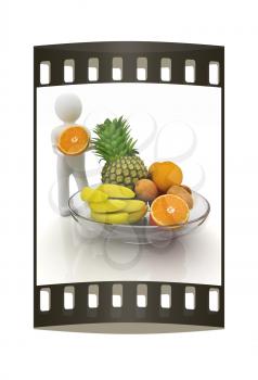 3d man with citrus on a white background. The film strip
