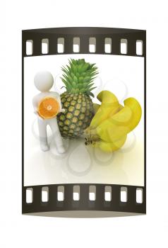 3d man with citrus on a white background. The film strip