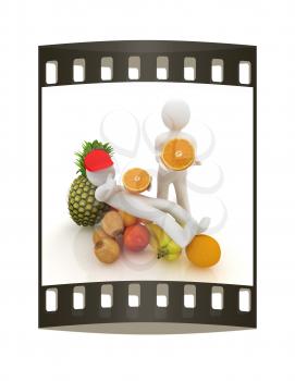 3d mans with citrus on a white background. The film strip