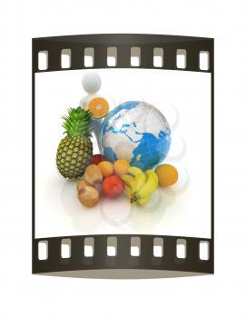 3d man with citrus and earth on a white background. The film strip