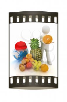 3d man with citrus and earth on a white background. The film strip
