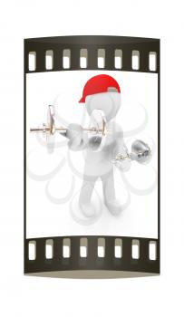 3d man with metal dumbbells on a white background. The film strip