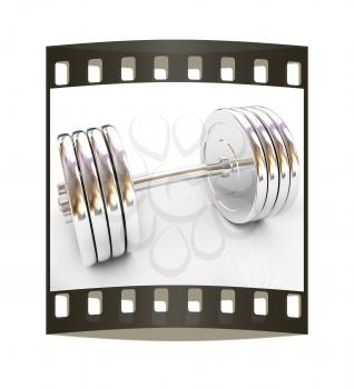 Metal dumbbell on a white background. The film strip