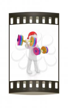 3d man with colorfull dumbbells on a white background. The film strip