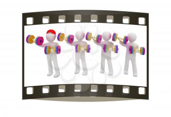 3d mans with colorfull dumbbells on a white background. The film strip