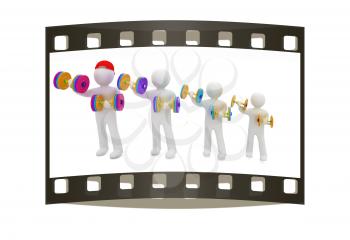3d mans with colorfull dumbbells on a white background. The film strip